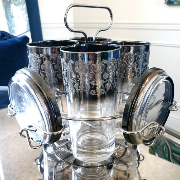 Vintage MCM Mid Century Caddy Silver Highball Glasses & Coaster Set - Picture 1 of 3